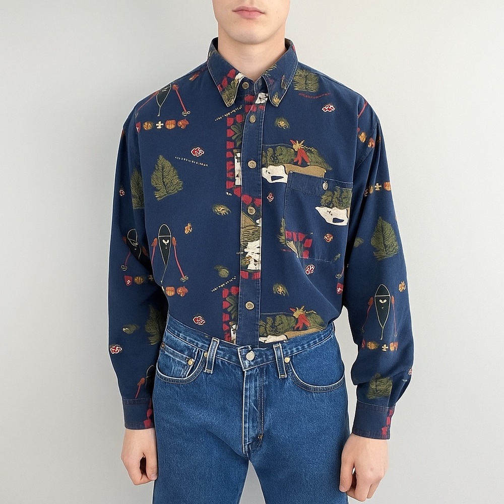 RARE American Eagle Outfitters Vintage Navy Outdoor Graphic Button Down Shirt XL